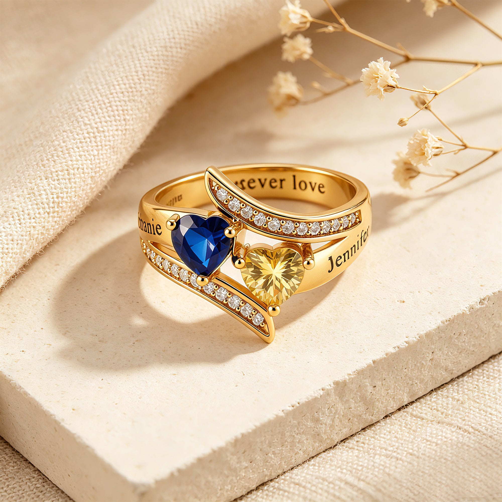 Personalized Birthstone Heart Name Ring for Women – 2 Custom CZ Stones Crossover Band Forever Love Jewelry Anniversary Gift for Her