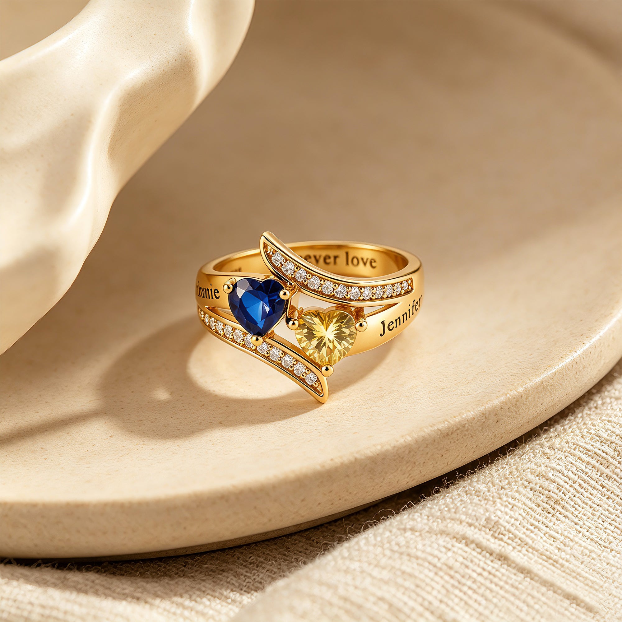 Personalized Birthstone Heart Name Ring for Women – 2 Custom CZ Stones Crossover Band Forever Love Jewelry Anniversary Gift for Her