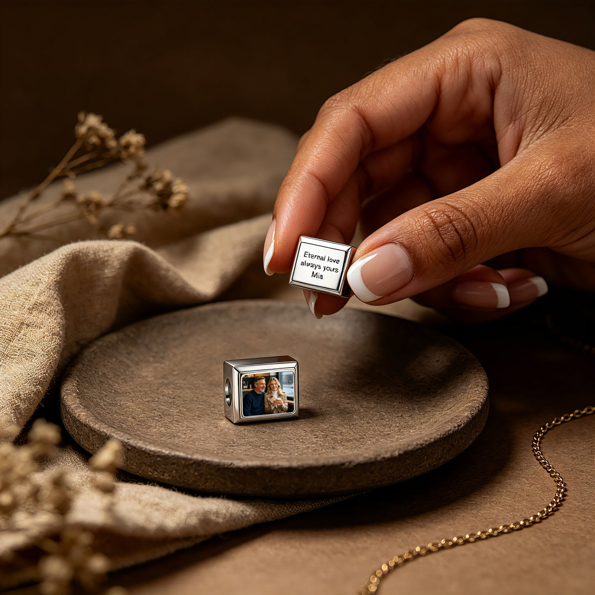 Personalized Photo & Text Rectangle Charm Bead – Custom Memory European Bead for Bracelet Gift for Her