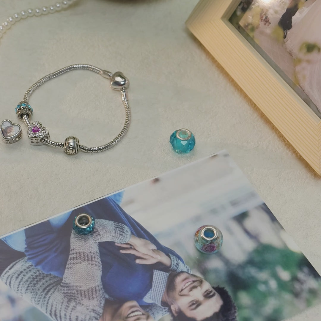 Custom Photo Heart Charm – Purple Heart CZ Openwork Bead