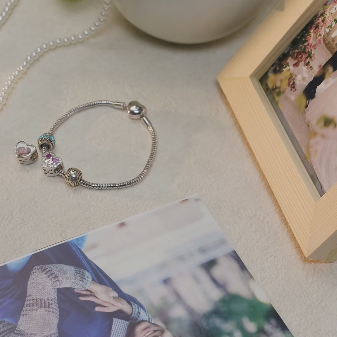 Custom Photo Heart Charm – Purple Bow CZ Pavé Heart Bead