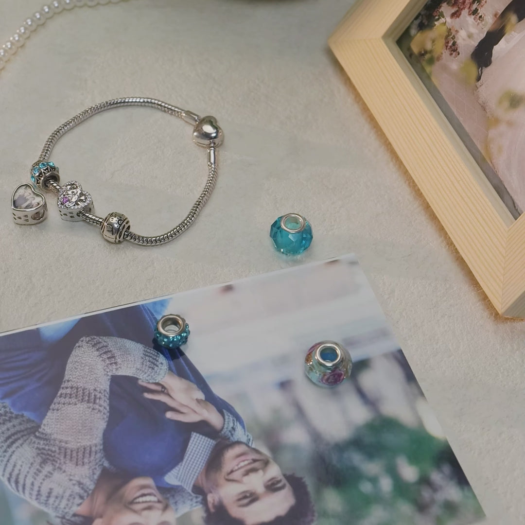 Custom Photo Heart Charm – Bear Hug Purple Heart CZ Bead
